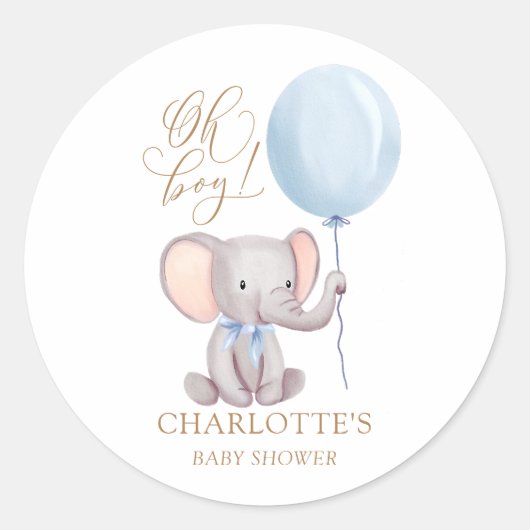 Rond Sticker Baby shower bleu éléphant (Devant)