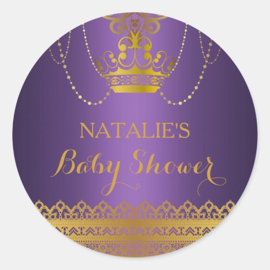 Rond Sticker Baby shower Couronne violet et or (Devant)