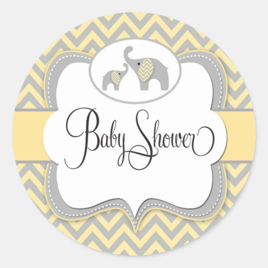 Rond Sticker Baby shower éléphant en Chevron jaune (Devant)