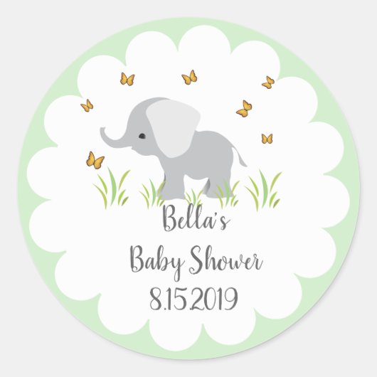 Rond Sticker Baby shower éléphant gris (Devant)