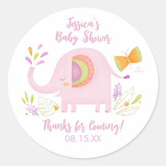 Rond Sticker Baby shower Eléphant Rose Cute (Devant)