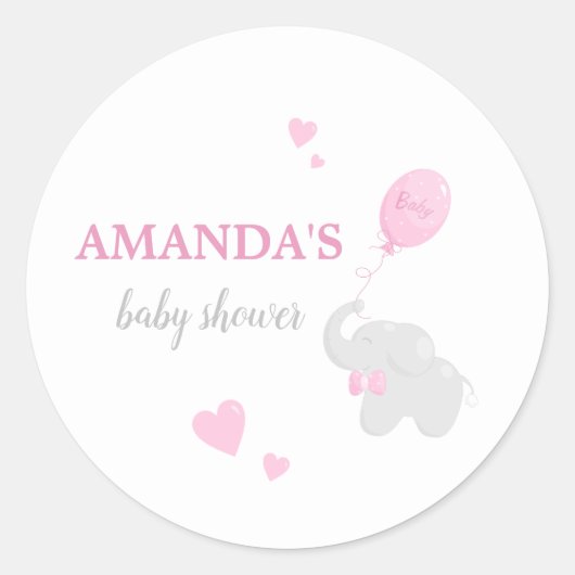 Rond Sticker Baby shower fille Eléphant rose mignon (Devant)