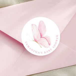 Rond Sticker Baby shower fille papillon rose