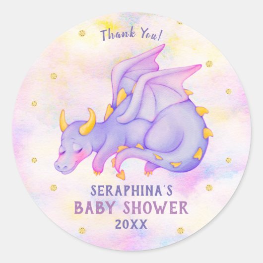 Rond Sticker Baby shower Filles Dragon Violet mou (Devant)