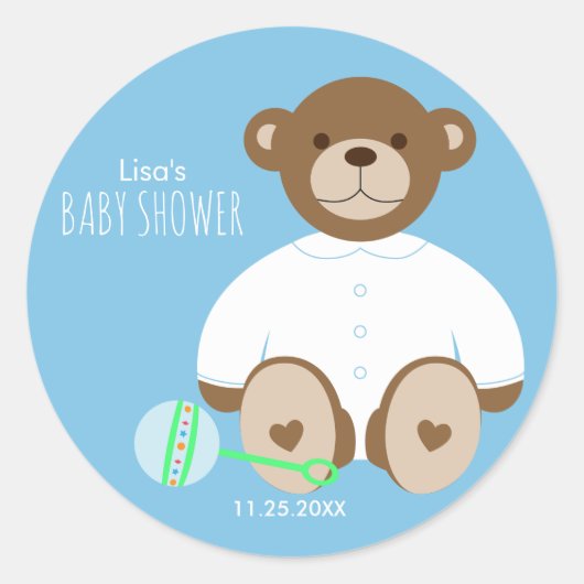 Rond Sticker Baby shower Ours Teddy, arrière - plan ble (Devant)