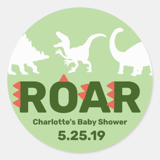 Rond Sticker Baby shower ROAR Dinosaur moderne (Devant)