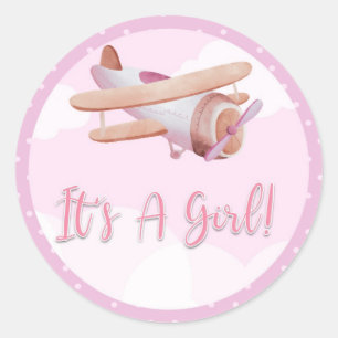 Rond Sticker Baby shower rose d'avion C'est une fille