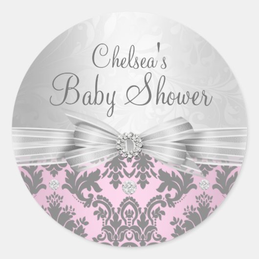 Rond Sticker Baby shower rose et argent Damask (Devant)