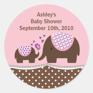 Rond Sticker Baby shower rose et Brown éléphant