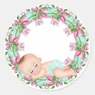 Rond Sticker Baby shower rose et vert avec Baby floral