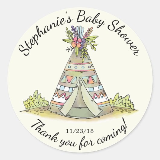 Rond Sticker Baby shower sauvage de Teepee Tribal Favor (Devant)