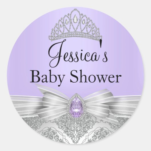 Rond Sticker Baby shower violet Tiara & Argent Damask (Devant)