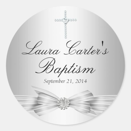Rond Sticker Baptême Argent & Croix (Devant)
