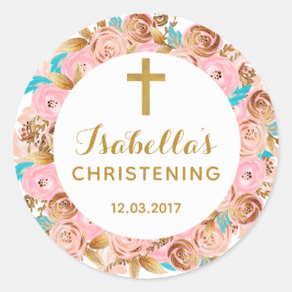 Rond Sticker Baptême Baptiste Floral Or