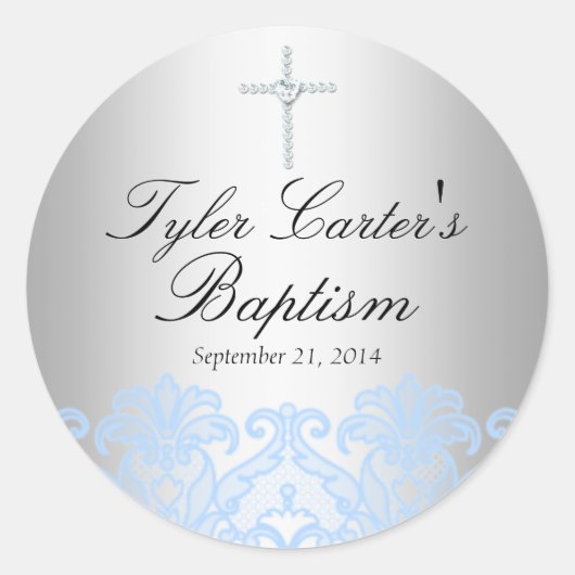 Rond Sticker Baptême Dentelle Bleue & Croix (Devant)
