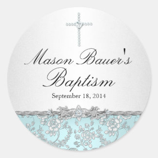 Rond Sticker Baptême Rose Bleu & Croix