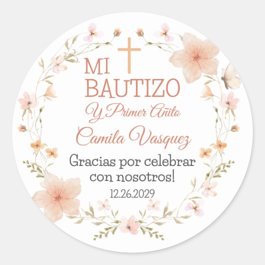 Rond Sticker Baptism en espagnol avec Fleurs roses mign (Devant)