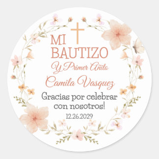 Rond Sticker Baptism en espagnol avec Fleurs roses mign