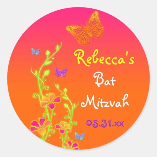 Rond Sticker Bat mitzvah néon papillons et fleurs (Devant)