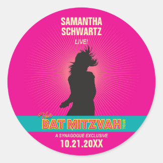 Rond Sticker Bat mitzvah Rock Star en rose chaud