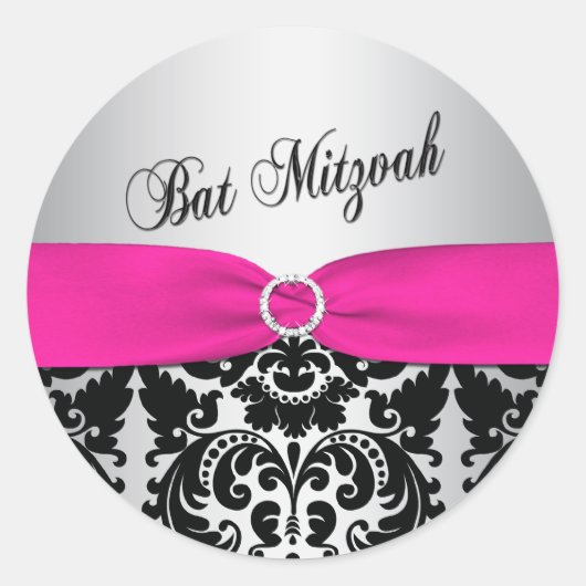 Rond Sticker Bat mitzvah rose, argent et noir Damask (Devant)