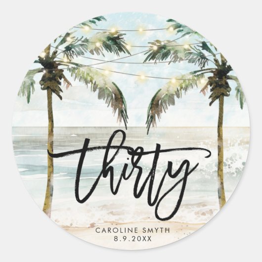 Rond sticker beach tropical palms 30e anniversaire (Devant)