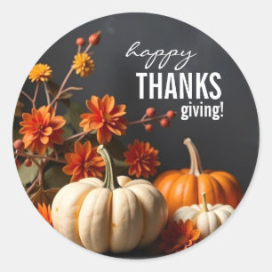 Rond Sticker bon thanksgiving Citrouille Fleurs