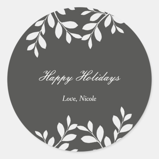 Rond Sticker Botanique Moderne Blanc Feuille & Gris (Devant)