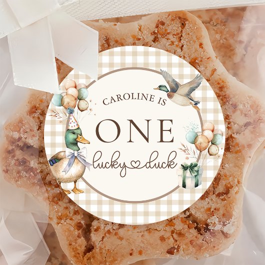 Rond Sticker Brown One Lucky Duck Balloon 1er Anniversa