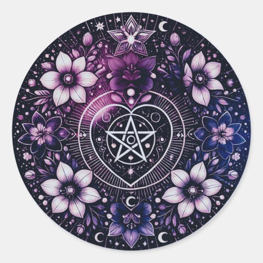 Rond Sticker cardiaque au pentagramme céleste avec fleu (Devant)