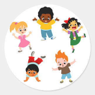 Rond Sticker Cartoon Cinq Enfants