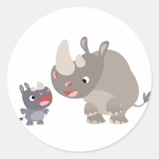Rond Sticker Cartoon Rhino Baby & Big Rhino