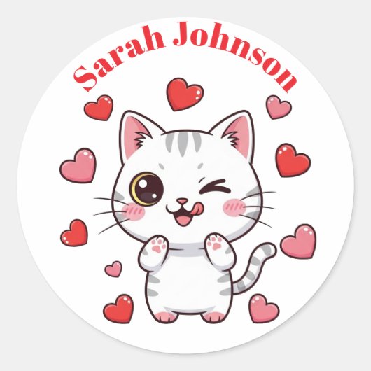 Rond Sticker chat mignon avec Coeurs et nom personnalis (Devant)