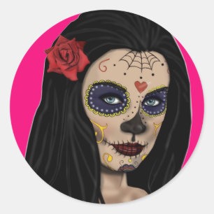 Rond Sticker crâne sucre fille Pink Day of Dead