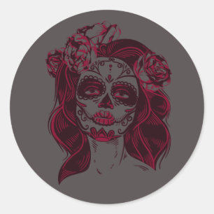 Rond Sticker crâne sucre Girl Grey - Jour des morts