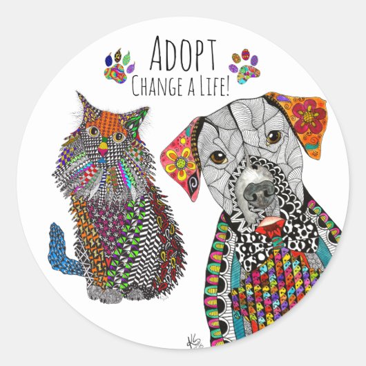 Rond Sticker d'adoption de chats et de chiens mignons e (Devant)