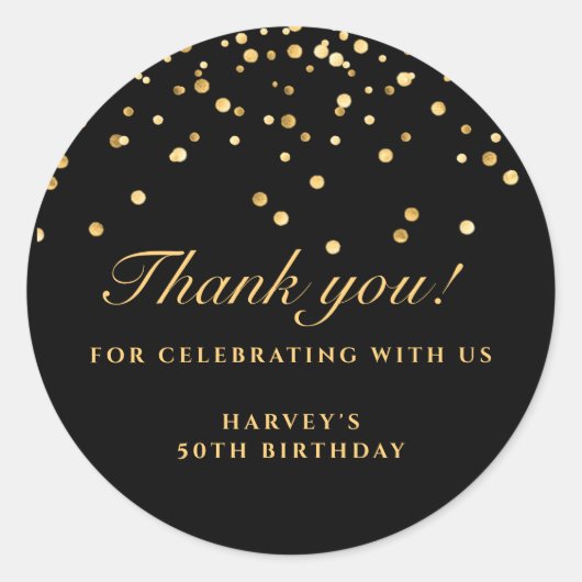 Rond Sticker d'anniversaire Confetti Noir & Or, Merci (Devant)