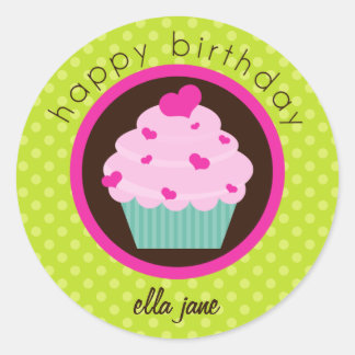 Rond Sticker d'anniversaire Green Polka Dot Cupcake