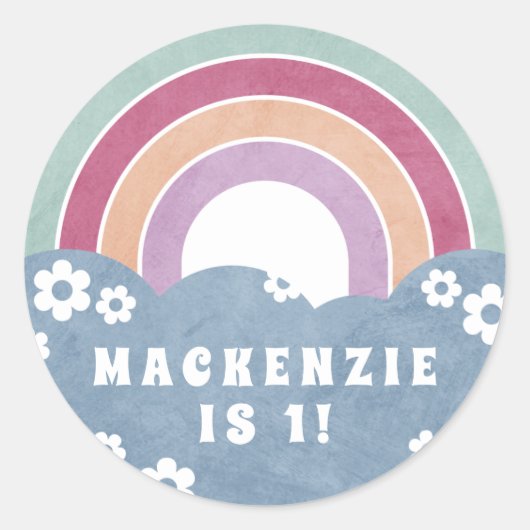 Rond Sticker d'anniversaire Retro Rainbow & Daisies (Devant)