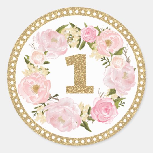 Rond Sticker de balise rose & or Floral 1er anniversair (Devant)