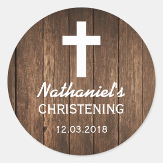 Rond Sticker de baptême de croix de bois rustique