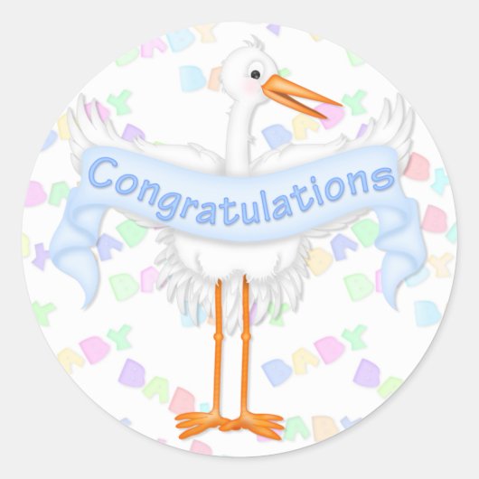 Rond Sticker de félicitations de cigogne (bleu) (Devant)