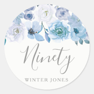 Rond Sticker de fête 90e anniversaire de fleurs blanche