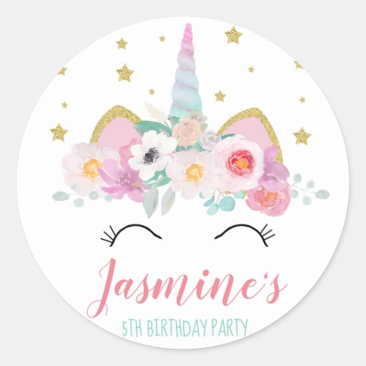 Rond sticker de fête d'anniversaire de la licorne de fa (Devant)