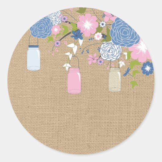 Rond Sticker de Jar Faux Burlap rose et bleu Mason (Devant)