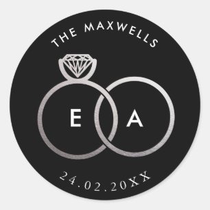 Rond Sticker de mariage personnalisé Black Modern Argen