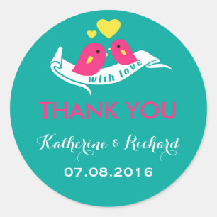 Rond Sticker de mariage turquoise et rose Inséparables