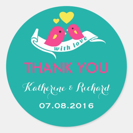 Rond Sticker de mariage turquoise et rose Inséparables (Devant)