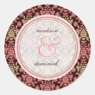 Rond Sticker de mariage vintage Damask Pink Lace