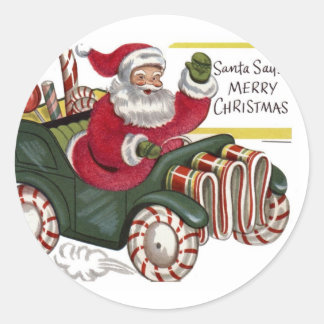 Rond Sticker de Noël de Père Noël vintage en voiture